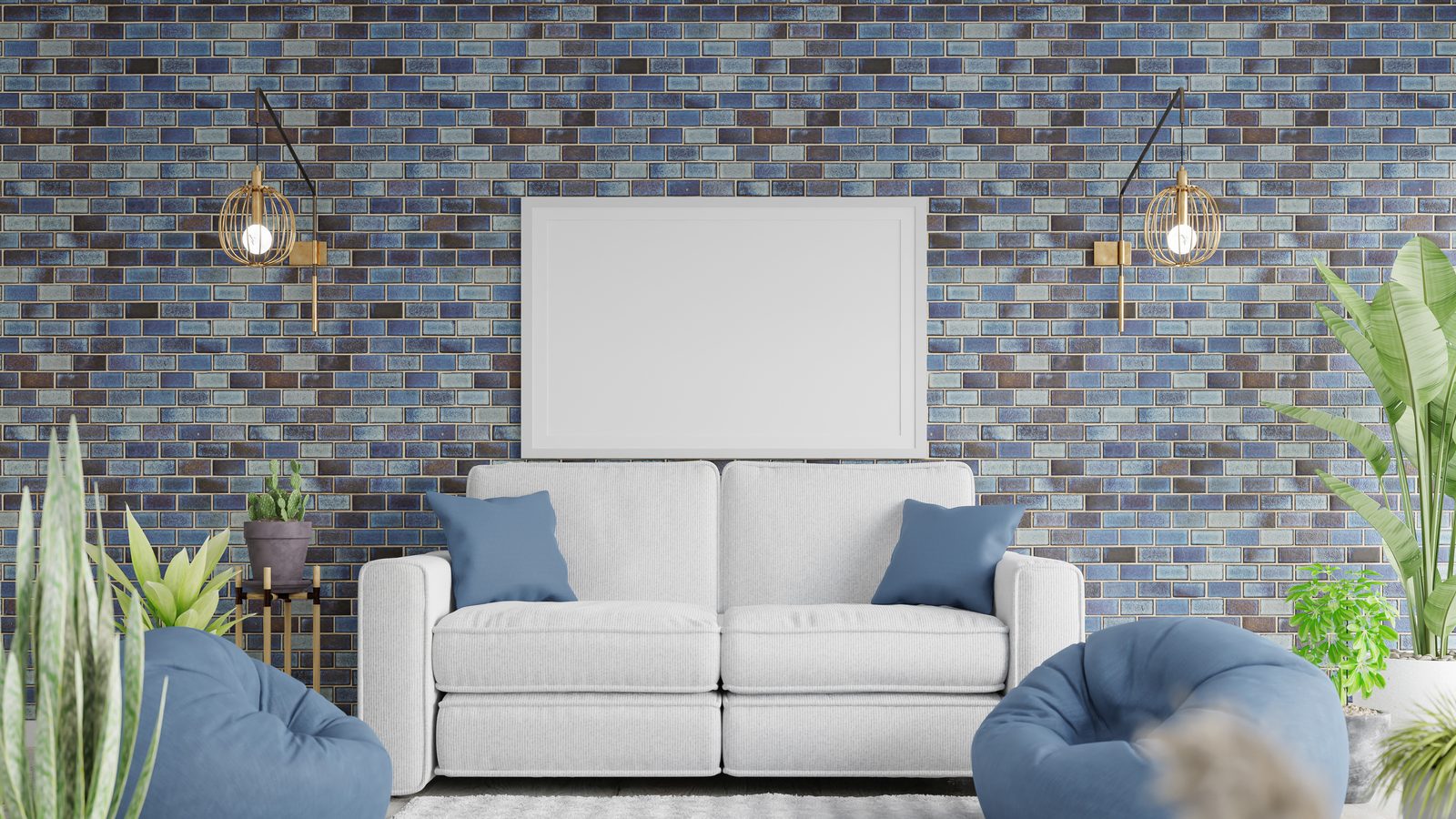 A living room with a blue and brown elongated mosaic tile feature wall